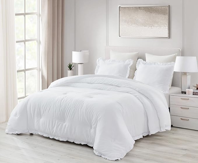 Chezmoi Collection Nora White Comforter Set Twin Size 2-Piece Lightweight Soft Stone-Washed Ruffled Shabby Chic Bedding for All Season