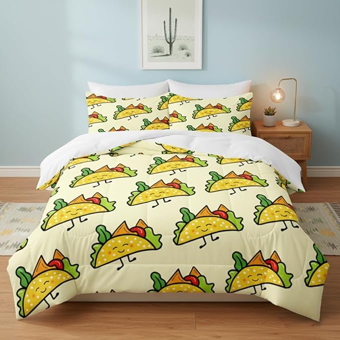 Kids Sandwich Comforter Set Twin Size, Yellow Food Bedding Set for Cute Cartoon Children Bedroom Decor, 68'' x 86''