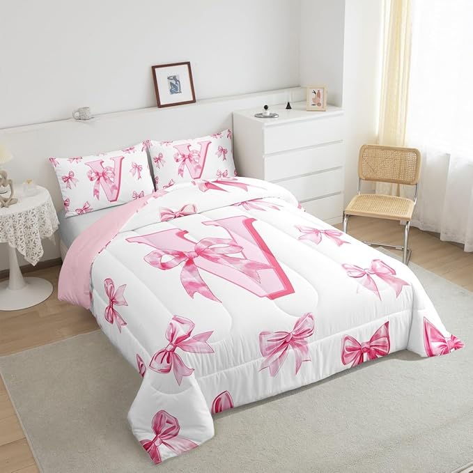 Erosebridal Initial Letter V Bow Bedding Set for Kids Girls Teen Women,Pink Girly Bowknot Comforter Set Twin Cute Fantasy Princess Bedding Comforter Sets Kawaii Watercolor Bow Quilt Duvet