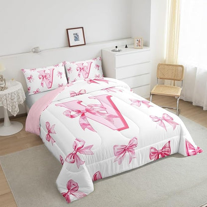 Erosebridal Initial Letter V Bow Bedding Set for Kids Girls Teen Women,Pink Girly Bowknot Comforter Set Twin Cute Fantasy Princess Bedding Comforter Sets Kawaii Watercolor Bow Quilt Duvet