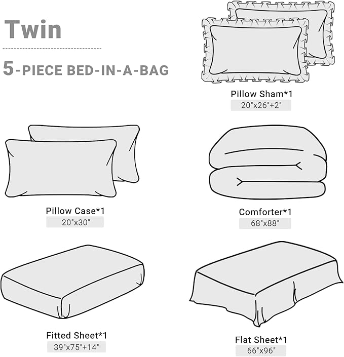 JOLLYVOGUE Gray Bed in a Bag Comforter Set for Bedroom, Pintuck Twin Size Comforter Sets 5 Pieces, Beddding Sets with Comforter, Sheets,Ruffled Shams & Pillowcases