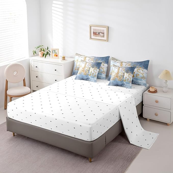 Erosebridal Romantic Paris Bed in a Bag 7-Piece Valentine's Day Eiffel Tower Bedding Comforter Sets, Light Blue Graffiti Full Bedding Set Hippie Tie Dye Comforter Set with Flat Sheet and Fitted Sheet