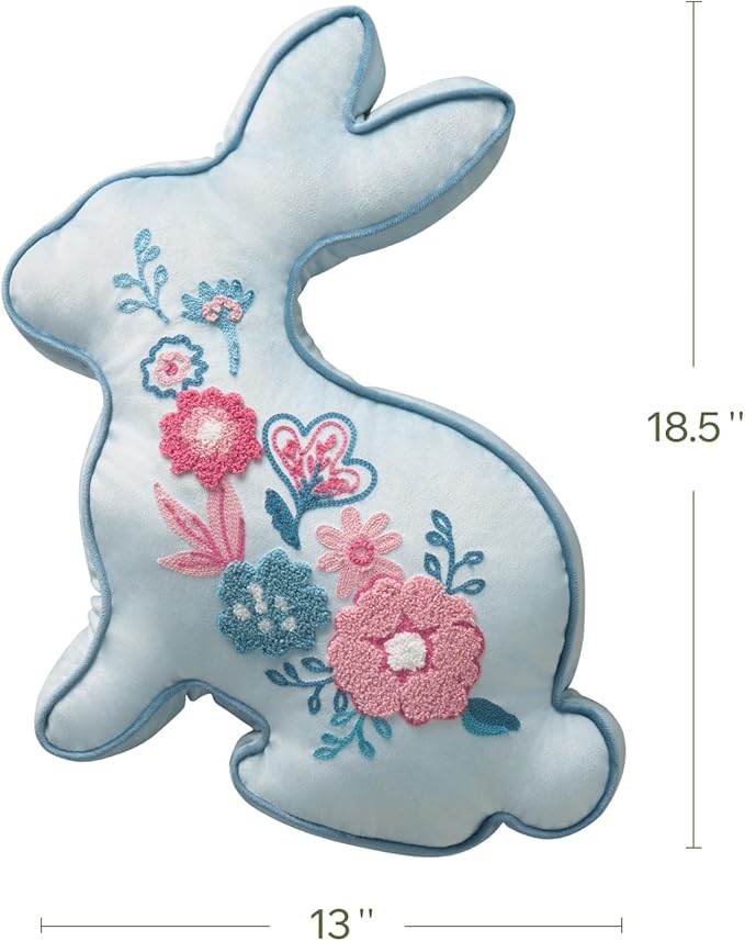 Phantoscope Happy Easter Bunny Shaped Throw Pillow, Embroidered Floral Patterns Cushion Soft Velvet Easter Rabbit Decorative Pillow for Couch Living Room Bed, Blue,18.5 x 13 inches