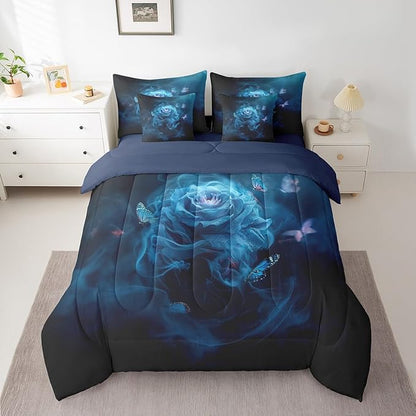 Erosebridal Teal Blue Rose Comforter Set Twin with Sheets,Mist Flower Bed in a Bag 7Pc Girls Women Bedroom Decor,Trippy Butterfly Bedding Set with Pillowcases & Shams,Valentines Gifts for Couples