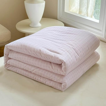 NSNLGSGC Pink Gingham Cotton Comforter Set King, 100% Washed Cotton Red Plaid Checked Comforter Bedding, 3 Pieces Vintage Farmhouse Grid Bedding Set(Pink Gingham, King)