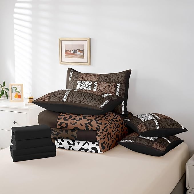Castle Fairy Leopard Print Comforter Set Full Size,Brown White Wild Animal Skin Bedding Set,African Cheetah Wildlife Patchwork Bed Set 7 Pieces(Comforter+Fitted+Flat Sheet+Pillowcase+Pillow Cover)