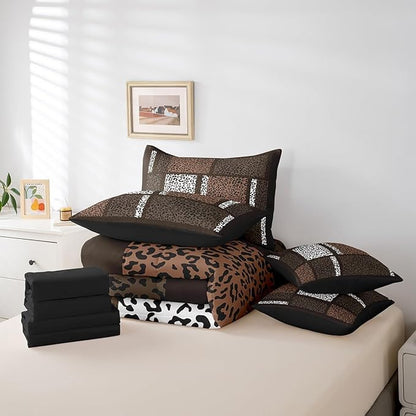 Leopard Print Comforter Set 7 Pieces,African Cheetah Wildlife Animal Skin Bed Set,3D Geometric Patchwork Bedding Set,Queen Size(1 Comforter,2 Pillowcase,2 Pillow Covers,1 Flat Sheet,1 Fitted Sheet)