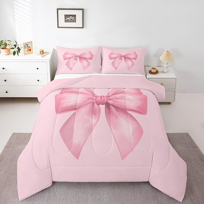 Feelyou Pink Bow Comforter Set All Season Cute Bowknot Bedding Set with 1 Pillow Cases Pricess Style Microfiber Kids Twin Bedclothes Kawaii Bedroom Decor Duvet Quilt Breathable Soft Lightweight