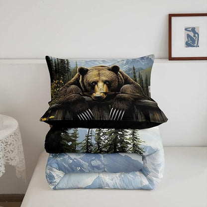 Feelyou Kids Bear Comforter Set Queen Size Rustic Cabin Country Bedding Set for Boys Girls Wood Farmhouse Comforter Adult Duvet Set,1 Comforter+ 2 Pillow Shams,Brown Blue Yellow