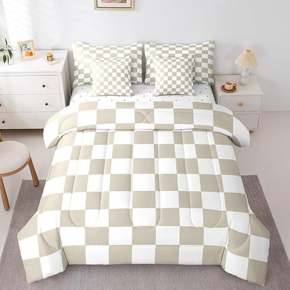 Feelyou Checkered 7 Piece Bedding Set Teen Women Men Beige Plaid Comforter Set with Sheets King Size Kids Boys Cute Retro Neutral Checkerboard Geometric Bed in a Bag Vintage Aesthetic Room Decor