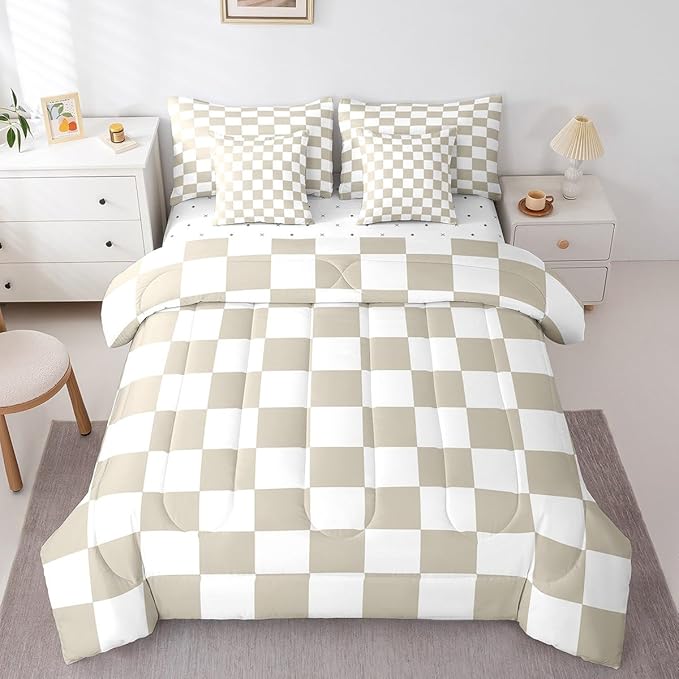 Feelyou Checkered 7 Piece Bedding Set Teen Women Men Beige Plaid Comforter Set with Sheets Full Size Kids Boys Cute Retro Neutral Checkerboard Geometric Bed in a Bag Vintage Aesthetic Room Decor