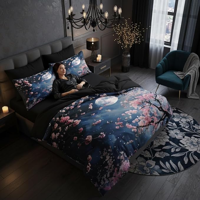Cherry Blossom Comforter Set Twin Size Kids Japanese Soft Bedding,2 Pcs Warm Microfiber Quilt Set with 1 Pillowcase/68 * 86
