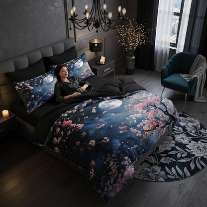 Cherry Blossom Bedding Comforter Set King Size,Japanese Floral Comforter for Adult Women Bedroom Decor,Black and Pink 3 Pcs 2 Pillowcases, 104''x 90''