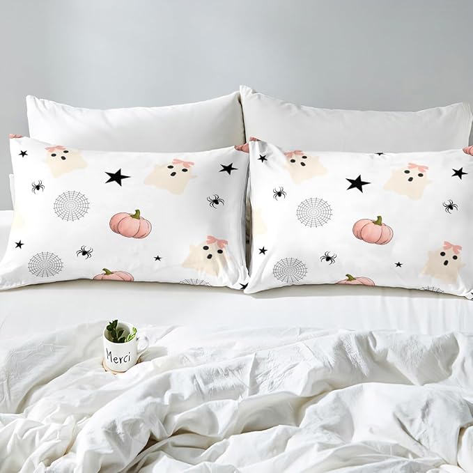 Erosebridal Kids Halloween Ghost Queen Bedding Set, Pink Pumpkin Comforter Set for Girls Boys Teens Women Cute Halloween Decor, Funny Ghost Spider Web Comforter Star Quilt
