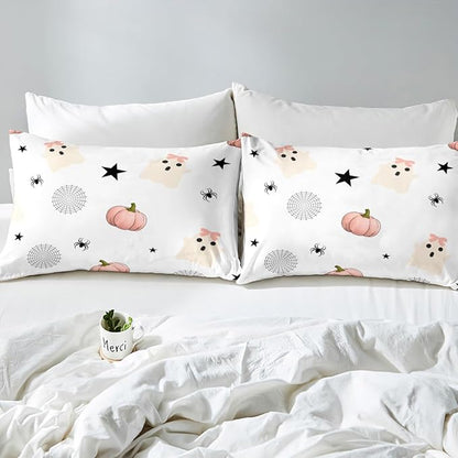 Erosebridal Kids Halloween Ghost Full Bedding Set, Pink Pumpkin Comforter Set for Girls Boys Teens Women Cute Halloween Decor, Funny Ghost Spider Web Comforter Star Quilt