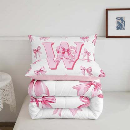 Erosebridal Pink Bowknot Twin Bedding Set for Girls,Initial Letter W Comforter Set for Kids Teen Women,Pink Watercolor Monogrammed Bedding Comforter Sets Dreamy Princess Bow Quilt Duvet Room Decor