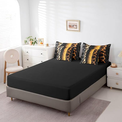 jejeloiu 3D Gold Leopard 7 Piece Bedding Set King Size Adult Leopard Comforter Set with Sheets for Boys Girls Animal Print Bed in a Bag Wild Animal Fur Bed Set