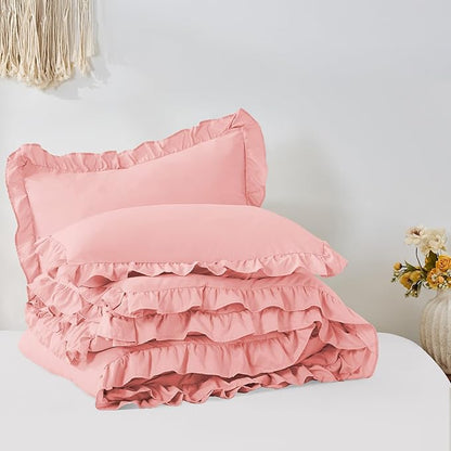FUANNA Pink Queen Comforter Set, 3 Pieces Ruffle Queen Bed Set, Fluffy Bed in a Bag Queen for All Seasons, Shabby Chic Bedding Comforter Sets with 1 Lightweight Comforter & 2 Pillowshams