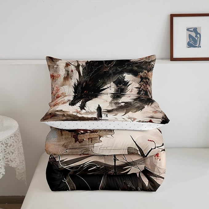 Feelyou Dragon Comforter Set Full Size Japanese Style Comforter for Boys Girls Teens Samurai Bedding Set Japanese Ukiyoe Duvet Set Room Decor Black Beige Quilt Set