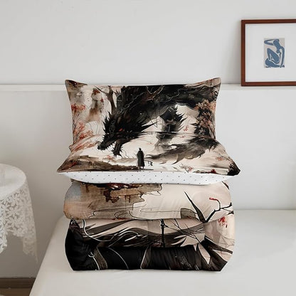 Feelyou Dragon Comforter Set Queen Size Japanese Style Comforter for Boys Girls Teens Samurai Bedding Set Japanese Ukiyoe Duvet Set Room Decor Black Beige Quilt Set
