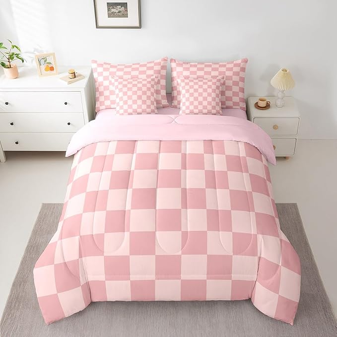 Feelyou Checkered Retro 7 Piece Bedding Set Teen Women Men Pink Gradient Plaid Comforter Set with Sheets Twin Size Kids Boys Geometric Vintage Bed in a Bag Modern Simple Groovy Aesthetic Room Decor