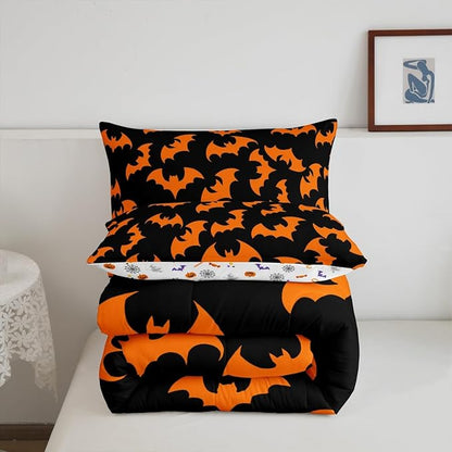 Erosebridal Orange Bat Toddler Comforter Halloween Bat Bedding Set Spooky Goth Gothic Animal Duvet Insert Horror Halloween Bed Sets for Kids Teens Adults