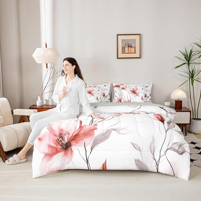 Erosebridal Blush Flower Full 7 Pcs Bedding Set, Bohemian Floral Comforter Set with Sheets, Watercolor Flower Boho Bed Sets for Women Girls Adults, Ink Painting Style Blossom & Leaf Bed in A Bag