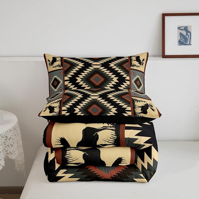 Erosebridal Buffalo Southwest Rustic Queen Comforter Set,Country Farmhouse Aztec Bedding Set for Teens Adult,Tribal Deer Comforter Wildlife Hunting Theme Duvet Insert Western Cabin Decor,3 Piece