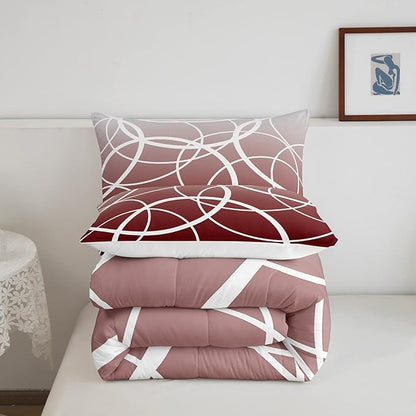 Castle Fairy Circle Comforter Set,Red Gradient Bedding Set for Girls Women,Adults Abstract Stripes Comforter,Modern Style Quilted Duvet Set Bedroom Collection Twin Size 2Pcs