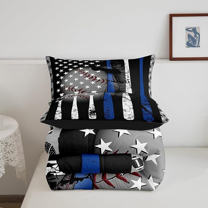 Boys Baseball Bedding Set Full,Grunge Style Baseball Bat Basketball Softball Comforter Set for Kids Bedroom Decor,American Flag Stars Quilted Duvet,Ball Sports Game Down Comforter Warm,White Blue