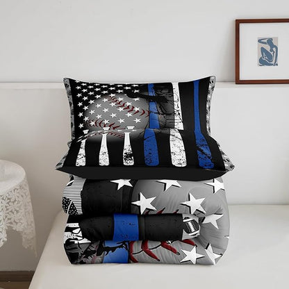 Boys Baseball Bedding Set Full,Grunge Style Baseball Bat Basketball Softball Comforter Set for Kids Bedroom Decor,American Flag Stars Quilted Duvet,Ball Sports Game Down Comforter Warm,White Blue