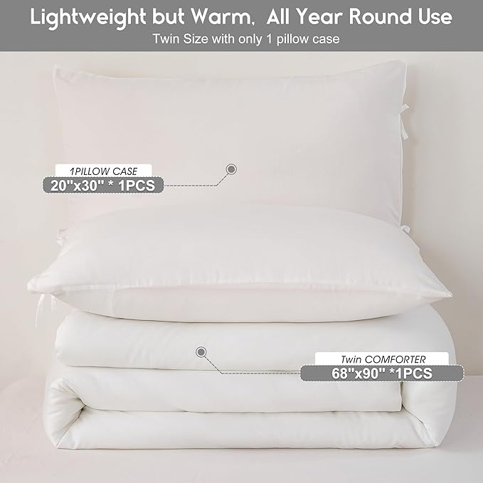 White Comforter Twin/XL Size Single Bed - Lightweight Super Soft Cozy Modern Polycotton Bedding Blanket Quilt Set for Kid Teen Boy Children All Season - 1 Solid Comforter and 1 Pillowcase