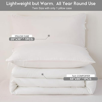 White Comforter Twin/XL Size Single Bed - Lightweight Super Soft Cozy Modern Polycotton Bedding Blanket Quilt Set for Kid Teen Boy Children All Season - 1 Solid Comforter and 1 Pillowcase