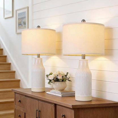 23.75" Modern Ceramic Table Lamps Set of 2, Stylish Bedside Lamps for Bedroom, Gorgeous Lamps for Nightstand, Lamps for Living Room, Farmhouse End Table Lamps, Cream Home Decor