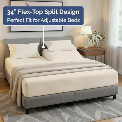 Split Head King Sheet Set – 4 Piece Flex Split Top King Sheets for Adjustable Beds - Fits 14” to 16" Mattress w/ Deep Pockets - Soft, Breathable & Cooling - Luxury Bedding and Wrinkle Free - Off White