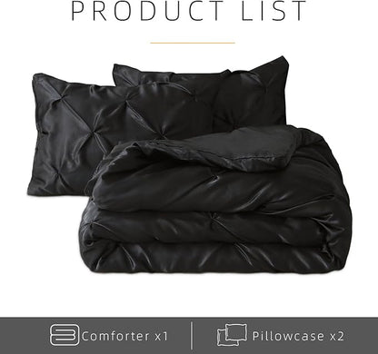 Satin Comforter Set Queen Size, 3-Piece Black Pinch Pleat Bedding Sets, Comforter, Pillowcases, Offering Exceptionally Soft and Smooth Comfort for All Season Use