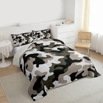 Camouflage Comforter Set Grey Camo Bedding Sets King Size Militarily Army Down Comforter For Boys Teens Men Adult Tie Dye Retro Geometric Warm Soft Quilted Duvet 3Pcs Bedroom Decor, All Season