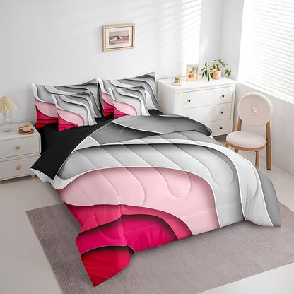 Erosebridal Grey Hot Pink Gradient Bedding Comforter Sets 7pcs for Girls Geometric Stripe Bed in a Bag, Aesthetic Wave King Bedding Sets Modern Abstract Comforter Set, Ombre Bedding Sets & Collections