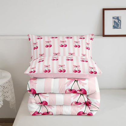 Feelyou Pink Girls Bow Comforter Set Full Size Kawaii Cherry Prints Bedding Set for Boys Teens Decor Bow Comforter Cute Bowknot Duvet Set Bedroom Stripes Quilt Set 3Pcs