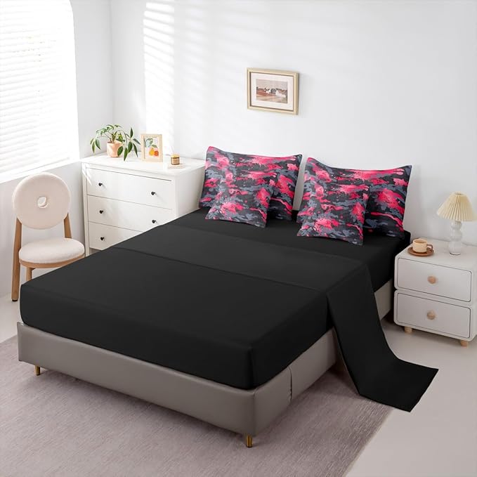 Erosebridal Graffiti King Comforter Set Camouflage 7-Piece Bed in A Bag Ombre Statrs Camo Watercolor Grunge Sheets and Pillowcases Grey Pink Bed Sets