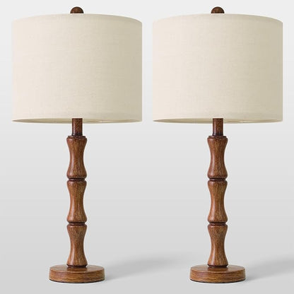 BOBOMOMO 25" Rustic Table Lamps Set of 2, Farmhouse Nightstand Lamps with Wood Grain Resin Base & Linen Shade, Standard Table Lamps for Bedroom, Living Room, End Table & House Décor