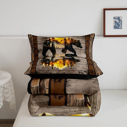 Feelyou Rustic Bear Bedding Set Wild Animal Hunt Comforter Set for Kids Boys Girls Pine Trees Retro Comforter Paw Print Quilt Set Bedroom Collection 2Pcs Twin Size