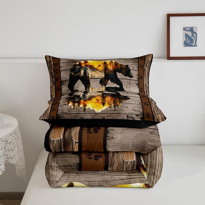 Feelyou Rustic Bear Bedding Set Wild Animal Hunt Comforter Set for Kids Boys Girls Pine Trees Retro Comforter Paw Print Quilt Set Bedroom Collection 2Pcs Toddler Size