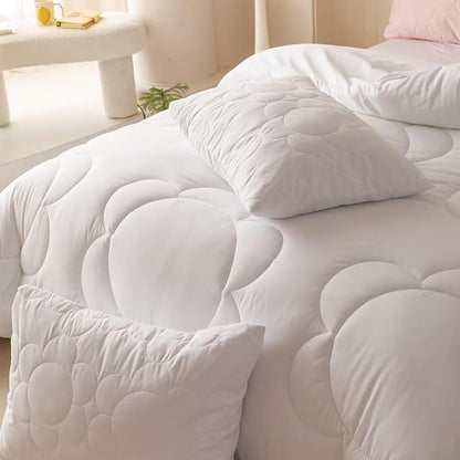 Cottonight White Sunflower Comforter Set - King Size 3 Piece Bedding Set - Soft Breathable Solid White Floral Bedding Set - Women Girls Boho Farmhouse Chic Blanket Quilts