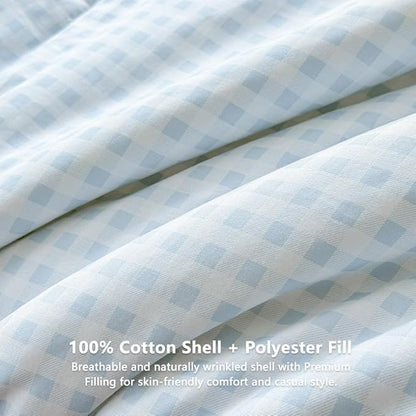 NSNLGSGC Light Blue Gingham Cotton Comforter Set Twin, 100% Washed Cotton Blue Plaid Checked Comforter Bedding, 2 Pieces Vintage Farmhouse Grid Bedding Set(Light Blue Gingham, Twin)