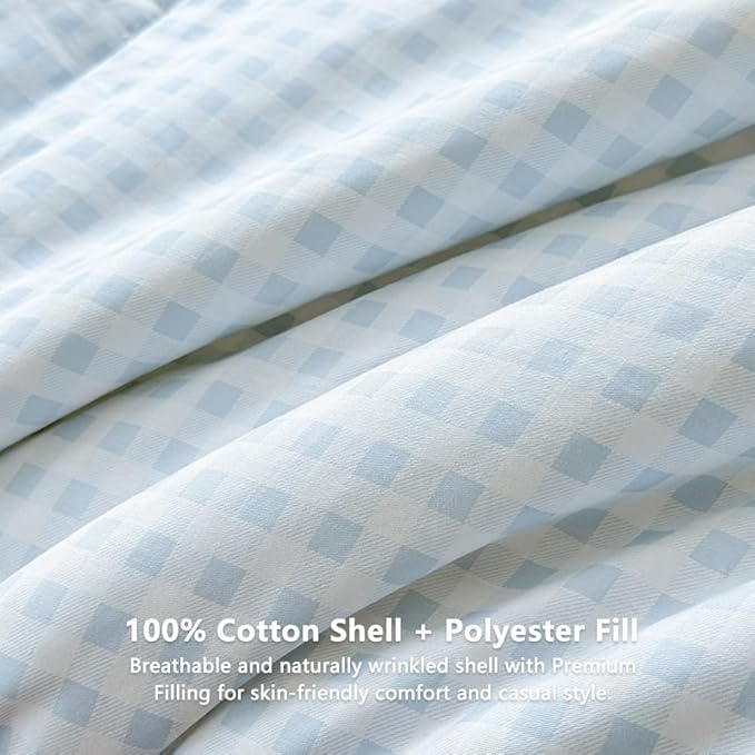 NSNLGSGC Light Blue Gingham Cotton Comforter Set King, 100% Washed Cotton Blue Plaid Checked Comforter Bedding, 3 Pieces Vintage Farmhouse Grid Bedding Set(Light Blue Gingham, King)