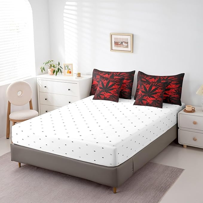 Erosebridal 7 Pcs Comforter Set King Size, Neon Bed in a Bag with Flat Fitted Sheet for Kids and Adults, Leaf Bedding Set with Pillowcases and Cushion Cases