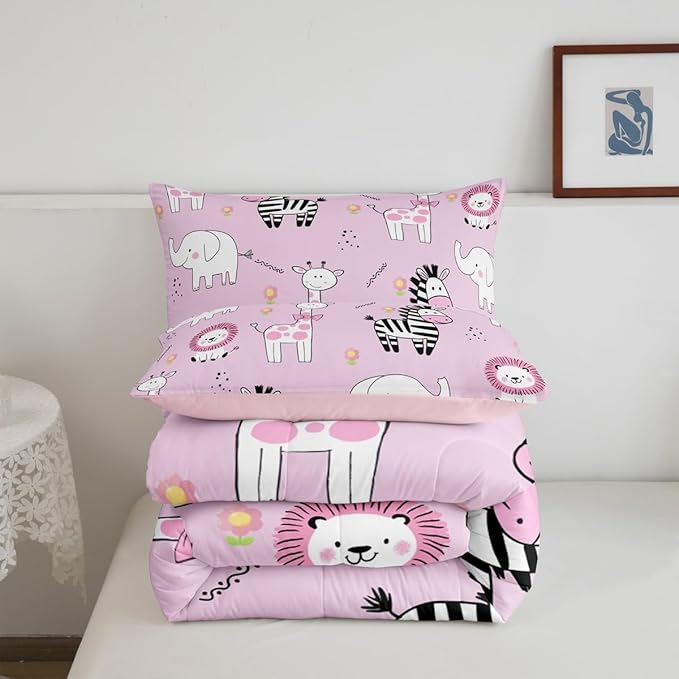 jejeloiu Pink Zoo Animals Bedding Set Toddle Size Cartoon Cute Comforter Set for Kids Boys Girls Giraffe Lion Zebra Elephant Duvet Set Flower Quilt Set 2Pcs