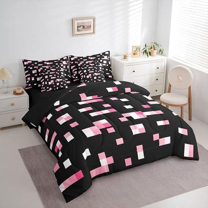 Castle Fairy Pink Geometric Grid 7 Piece Comforter Set Queen Size,Miner Theme All Season Reversible Bed in a Bag Geometric Grid Bedding Sets Pixelated Style Flat Sheet,Fitted Sheet,Pillowcases