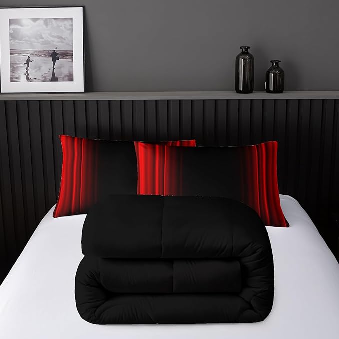 Red and Black Bedding Set King Size Abstract Ombre Comforter Set for Teen Boys, Mordern Bedding Set 3 Piece in A Bag,Dark Quilt Set Mordern Art Decor Lightweight All Seasons with Pillowcases
